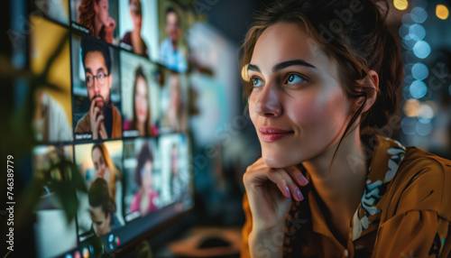 The girl stares at a big screen with many other faces, an online conference, security cameras photo