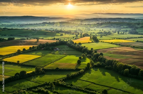 Aerial view of a countryside landscape at sunrise 