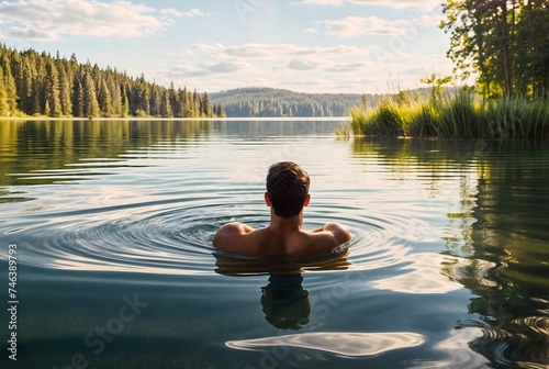 A man floats in a serene crystal clear lake surrounded by trees and mountains in the distance © keiron