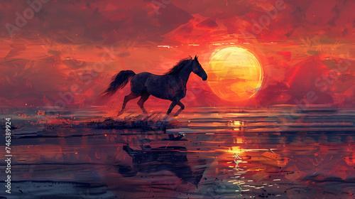 A majestic horse gallops freely along the water's edge under a dramatic red sunset, reflecting in the water below. Horse galloping on a digital watercolor beach, vibrant sunset.