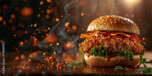 Fried chicken burger with flying ingredients and spices hot, food commercial advertisement menu banner. photo