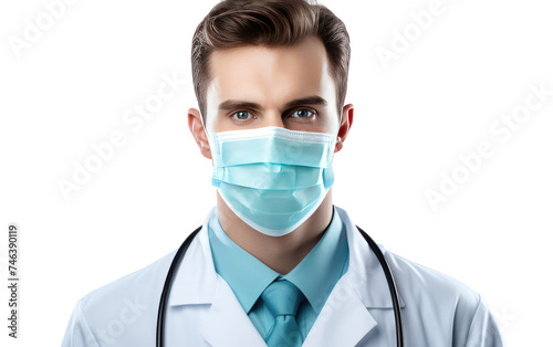 Doctor Wearing Face Mask and Stethoscope. A doctor is shown wearing a face mask and a stethoscope, likely in a medical setting. on a White or Clear Surface PNG Transparent Background.