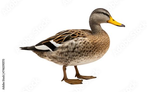 Duck Standing. A duck is standing on a clean, white surface. The duck is looking around with curiosity as it stands firmly on its webbed feet. on a White or Clear Surface PNG Transparent Background.