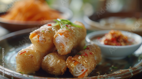 A close-up scene of golden, crispy fried spring rolls filled with pork, carrots, and glass noodles, glistening under soft, natural light on a rustic ceramic plate.