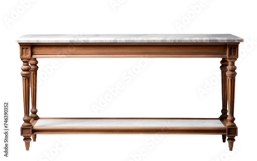 A wooden table with a smooth marble top is shown in the image. The table combines a sturdy wooden base with a luxurious marble. on a White or Clear Surface PNG Transparent Background. photo