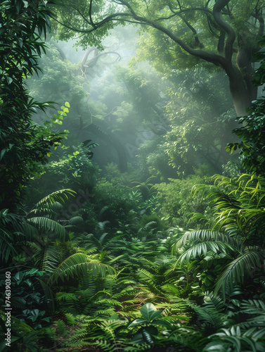 A serene depiction of a mystical jungle  rich with various shades of green foliage  bathed in a soft  diffused light filtering through the canopy. Photography background  lush forest scene.