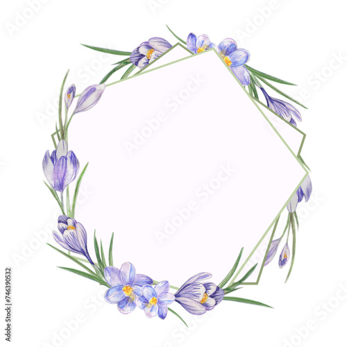 Fototapeta Naklejka Na Ścianę i Meble -  Watercolor flower frame with bouquets of delicate spring wildflower lily crocuses. Design for printing postcards, invitations to weddings, birthdays, spring and summer holidays