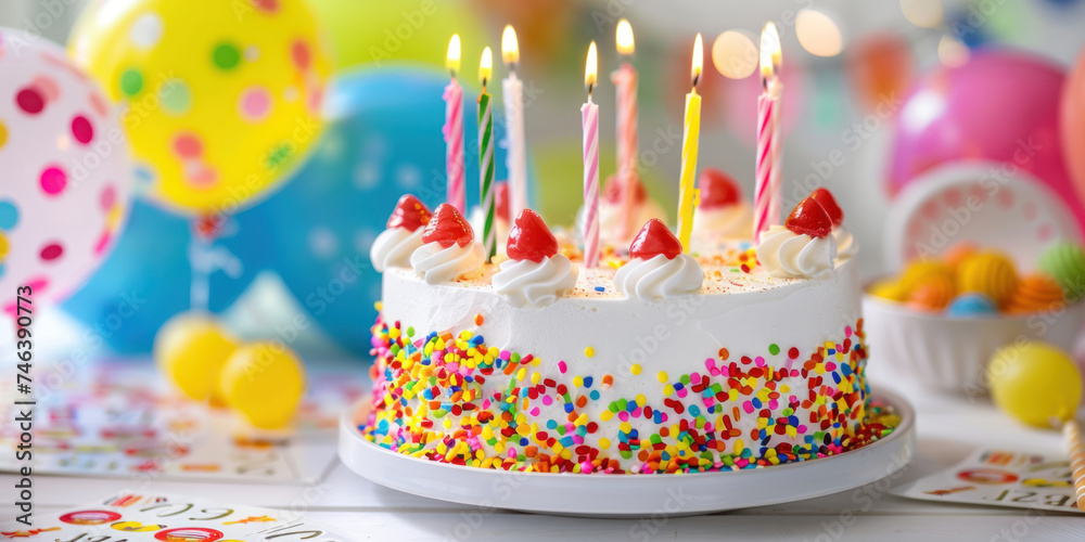 A birthday cake for children with candles and colorful sprinkles, balloons, card background A birthday cake for children with candles and colorful sprinkles, balloons, card background