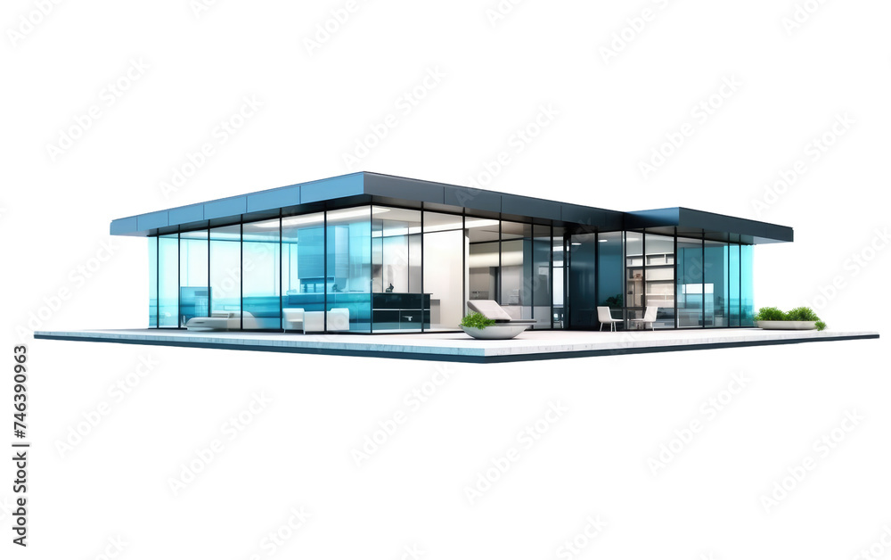 Modern Glass House Rendering. The glass panels allow for an abundance of natural light to flood the interior spaces. on a White or Clear Surface PNG Transparent Background.
