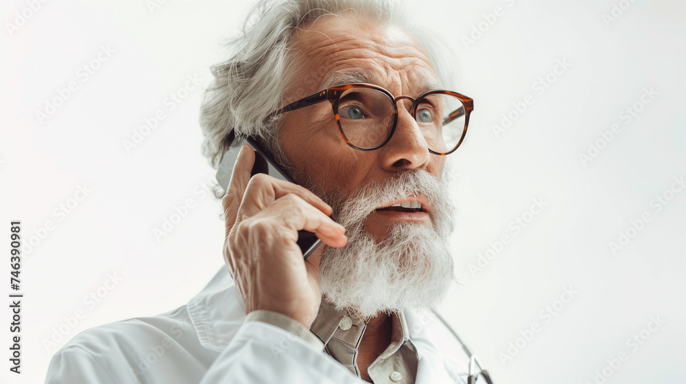 Elderly man doctor talking on the phone isolated on white background Elderly man doctor talking on the phone isolated on white background
