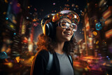 young woman wearing a virtual realityr device in front of a city scene, retro-futuristic cyberpunk