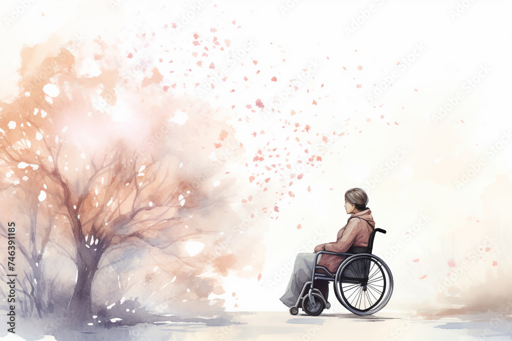 Obraz premium watercolor drawing of woman in wheelchair under tree, dreamlike romantic atmospheric, hazy, blue, white, magenta, brown, bronze, pink pastel color