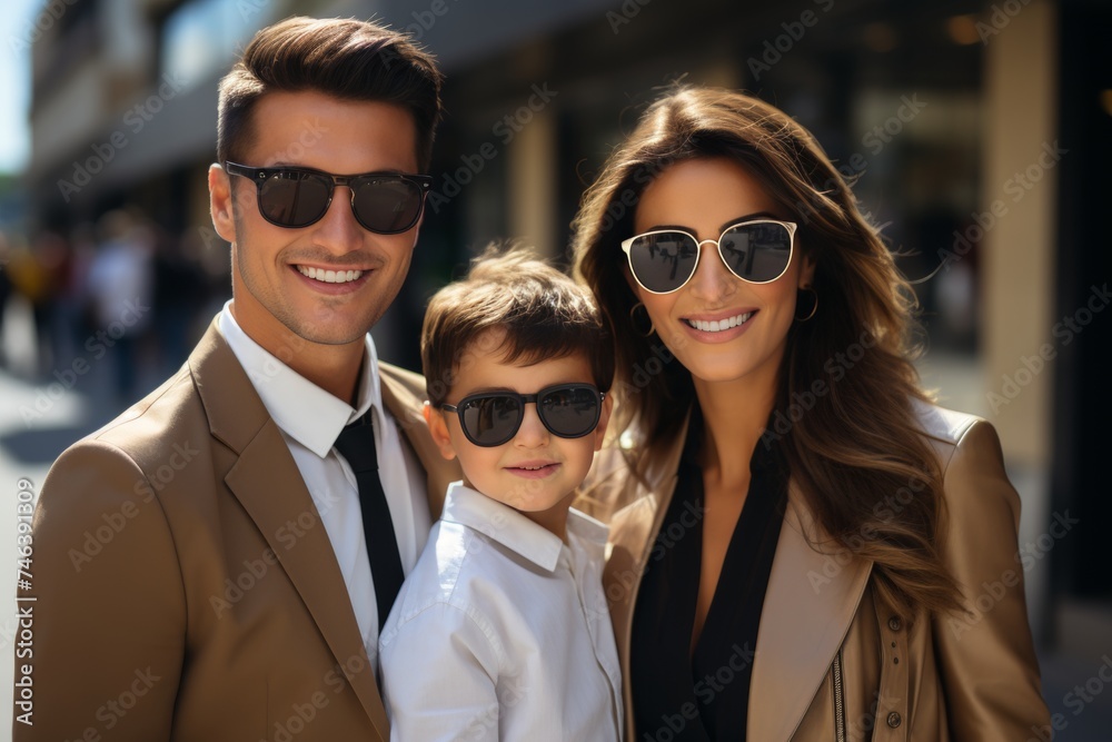 Happy family walking on skateboard in street city Happy family walking on skateboard in street city