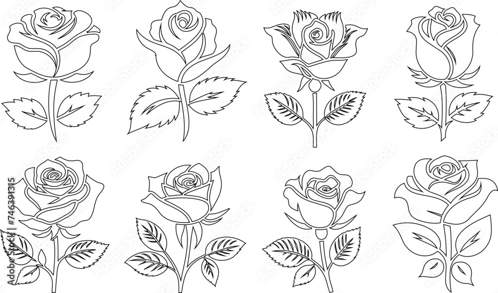 hand drawn Rose line art vector illustration, floral, design, elegant and minimalist roses for romantic, nature, beauty, bloom, petal, leaf, stem, outline, sketch, drawing, graphic