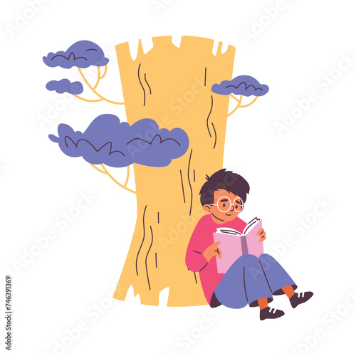Child reading under tree vector illustration