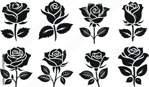 Rose silhouette vector set, elegant set of rose, floral collection, black outline roses, perfect for wedding invitations, greeting cards, print, stickers, logo design