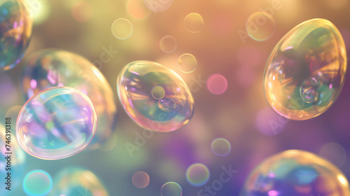 Multi-colored Easter eggs in the form of soap bubbles fly in the air on a blurred colorful background with bokeh and glow effects