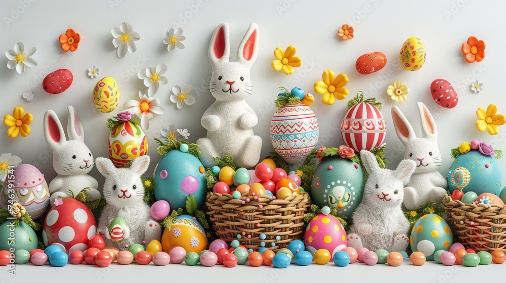 Décor de Pâques avec des lapins et des œufs multi couleurs 