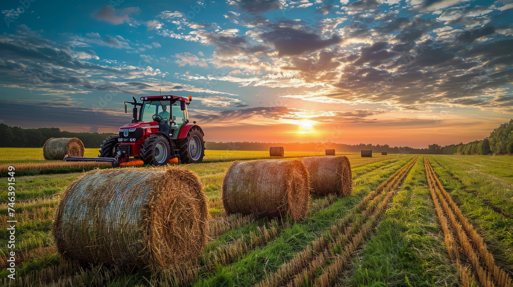 Obraz premium Collecting grass into bales after mowing, farmer on tractor blue sky with clouds at sunset, Earth Hour concept and idea about the importance of farming in the economy and ecosystems, Labor Day poster
