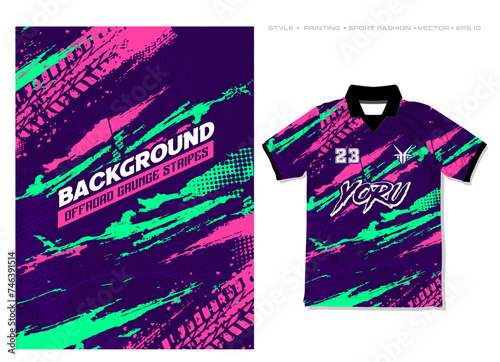 sublimation jersey design grunge brush background modern camouflage style neon stripes sporty esport gaming shirt illustration car decal livery pattern photo