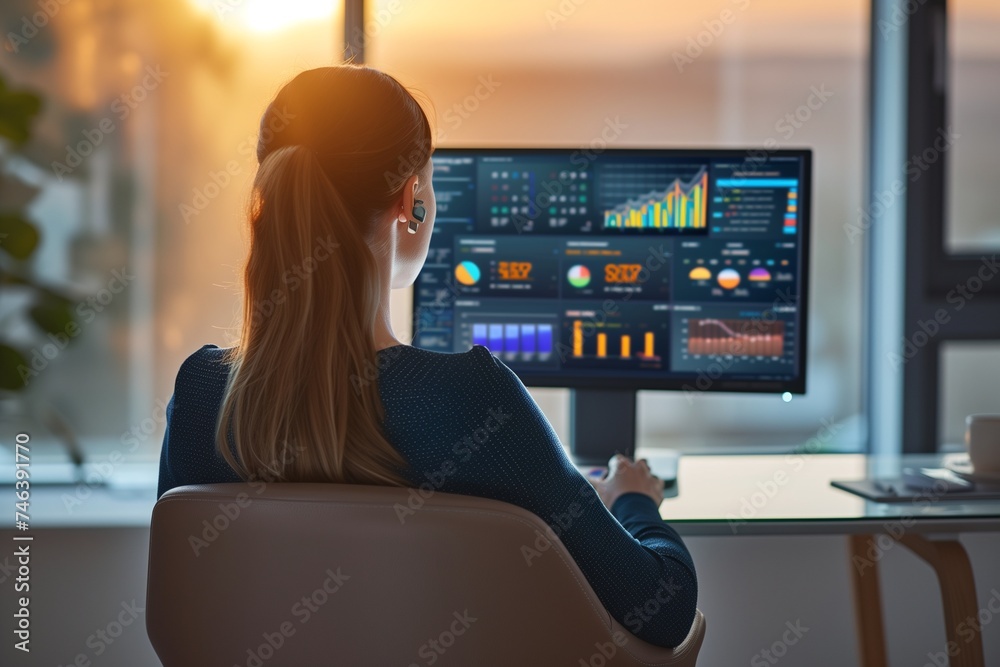 A woman sitting on a chair from behind, using a computer with a screen displaying advanced charts and grapghs software. A woman sitting on a chair from behind, using a computer with a screen displaying advanced charts and grapghs software.