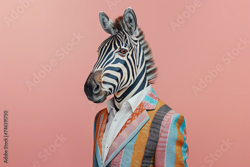 Elegant zebra in striped suit and white shirt on pastel pink background