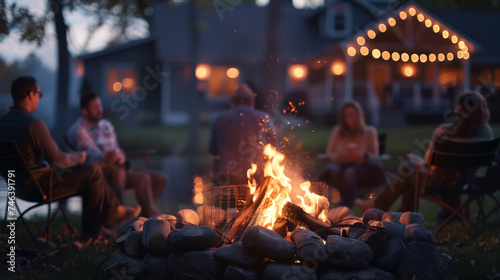 A group of people relaxing around a large bonfire in front of a large cottage decorated with lights