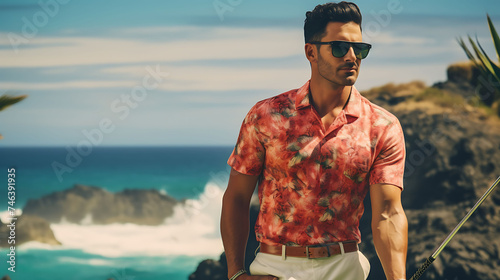 Handsome Latino man with model looks, playing golf on a course with an ocean view. photo