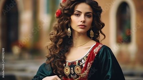 Beautiful Italian woman with model looks, posing in a traditional Italian national costume.