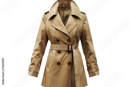 A beige raincoat with a trench coat style and a buckle, isolated on transparent background, png file. photo