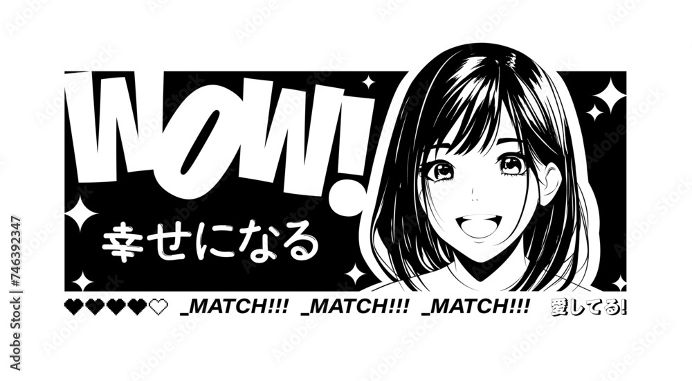 Fototapeta premium Cute anime girl print for clothing, merch, typography, streetwear. Black and white Asian girl with japanese lettering. Vector graphic artwork. Translation from Japanese - be happy, I love you