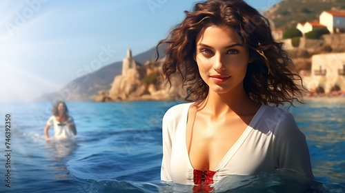 Beautiful Italian woman with model looks  swimming in the warm waters of the Mediterranean Sea.