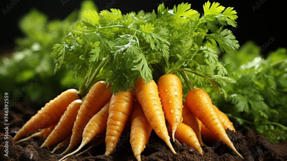 Vibrant carrot plant in garden bed, showcasing growth process with ample space for text placement. Vibrant carrot plant in garden bed, showcasing growth process with ample space for text placement.