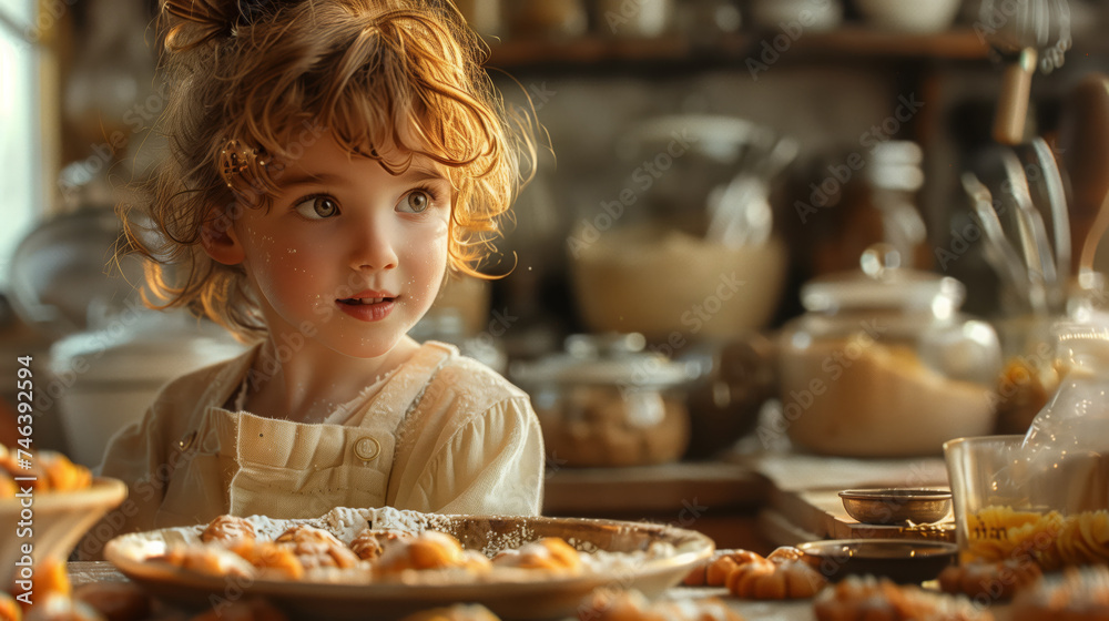 A cute little girl in the kitchen making flour biscuits, wearing an ...