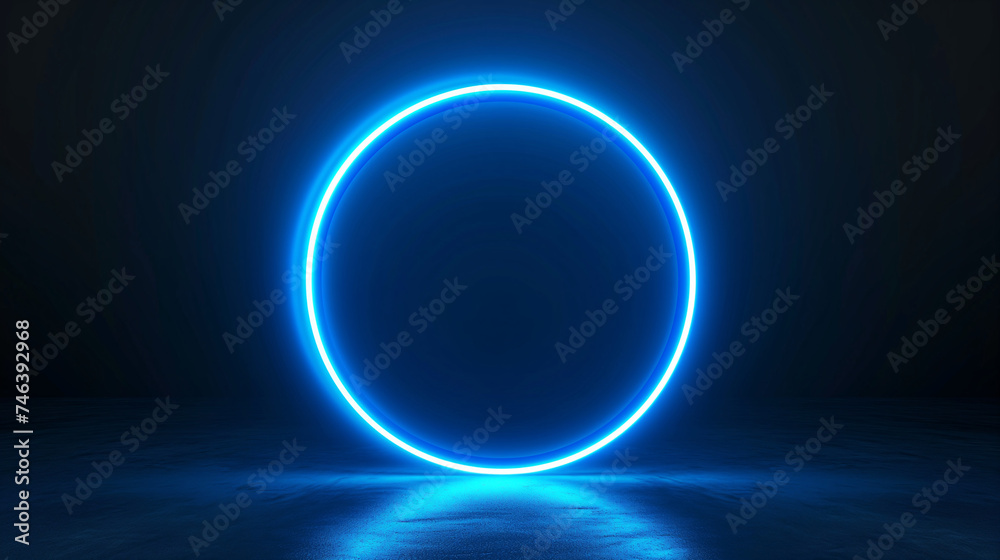 glowing blue neon circle on a dark background, creating a futuristic and minimalist aesthetic