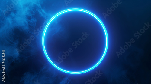 Neon blue circle illuminates amidst ethereal smoke, creating a mystical aura