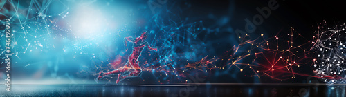 An abstract conceptual depiction of a male athlete runner emerges from interconnected lines and dots capturing the sprinter running in motion, panoramic stock illustration image photo
