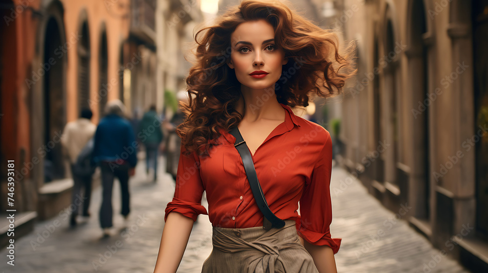 Beautiful Italian woman with model looks, strolling through the historic district of Naples