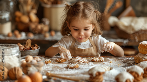 A cute little girl in the kitchen making flour biscuits, wearing an apron dipped in flour in the background of a window with beautiful sunlight