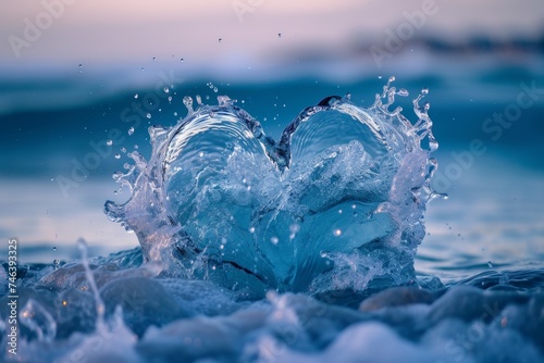 A heart made of splashes of water against the background of the sea. The concept of love
