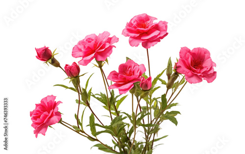 A ceramic vase sits on top of a wooden table, filled with an arrangement of vibrant pink flowers. creating a visually striking display. on a White or Clear Surface PNG Transparent Background.