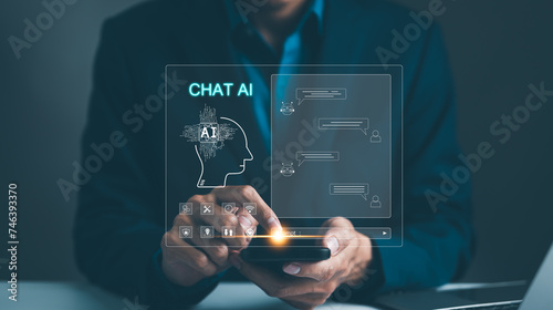 Man touching chatting virtual with an intelligent artificial intelligence asks for the answers he wants. Smart assistant futuristic, ChatGPT, Chat with AI or Artificial Intelligence technology, bot, photo