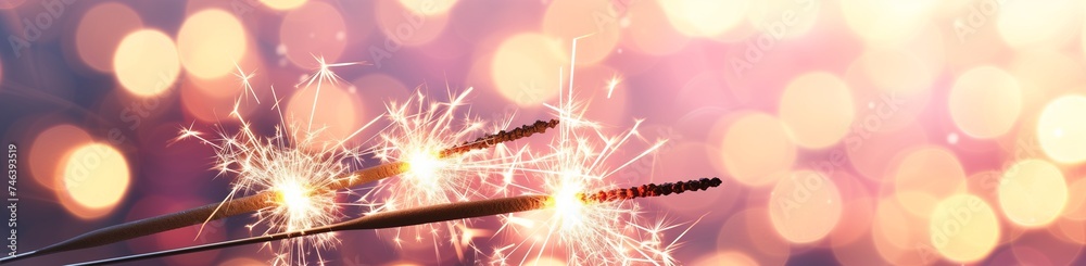 An artistic interpretation of twin sparklers, their flames intertwining, against a canvas of soft, pastel-colored bokeh lights, creating a harmonious and peaceful New Year's Eve scene