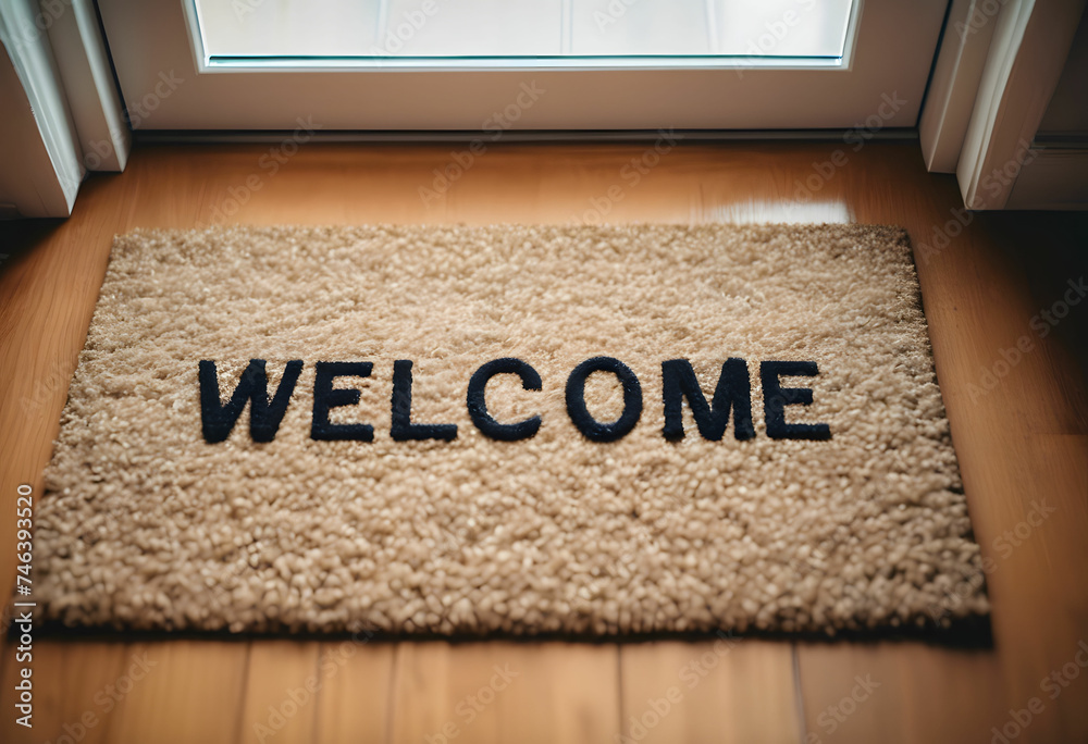 The word WELCOME written on a door mat. - obrazy, fototapety, plakaty 