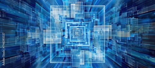 3d illustration of square matrix blue geometrical technology background. AI generated image