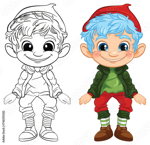 Vector illustration of an elf, colored and line art.