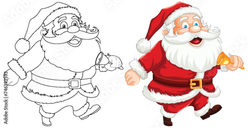 Black and white and colored Santa illustrations side by side.