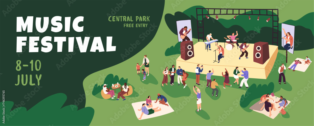 Promotion of open air music festival on banner. Musicians with performance on stage, audience dances, people have a picnic in park. Advertisement poster of rock band concert. Flat vector illustration Promotion of open air music festival on banner. Musicians with performance on stage, audience dances, people have a picnic in park. Advertisement poster of rock band concert. Flat vector illustration