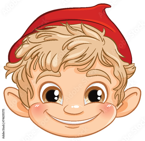 Smiling elf character with a festive red hat.