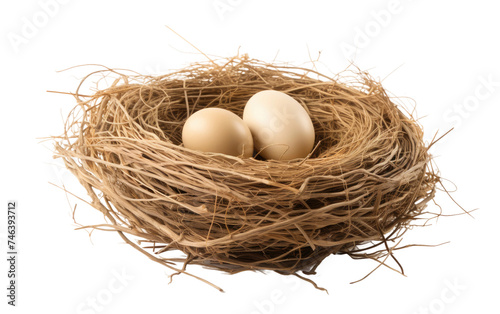 Three Eggs Nest. The eggs are white and smooth, resting comfortably in the nest. on a White or Clear Surface PNG Transparent Background.